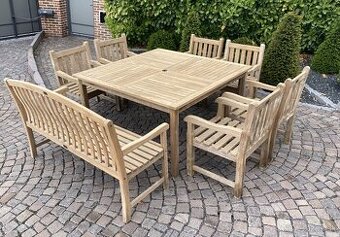 TEAK - Stvorcovy stol 140cm, 6 masivnych kresiel a lavica