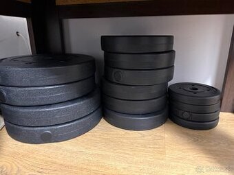 Ez tyč a olympijska tyč + Kotúče 10kg 5kg a 1,25kg
