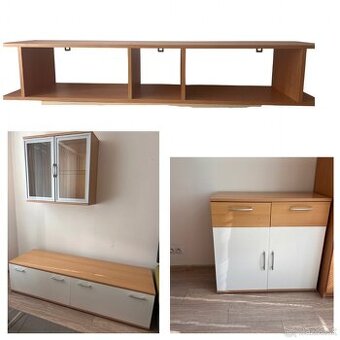 Zostava nábytku- 4 kusy- komoda+vitrína+skrinka+polica
