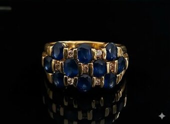 18 KARÁTOVÝ ZLATÝ DIAMANTOVÝ PRSTEN SE SAFÍRY 