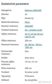 Penový matrac Carolina, 200x200, 21cm