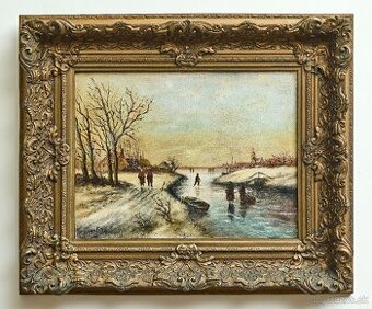 Zimná krajina s postavami na zamrznutej rieke, olej na dreve