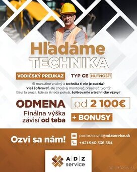 TECHNIK s vodičským preukazom CE (nie bežný vodič)