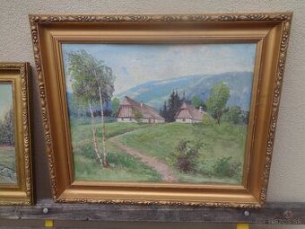 obraz, chalupky na okraji lesa - olejomalba