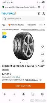 Predám letné pneumatiky Semperit 225/55 r17 Y XL,dot 4723.