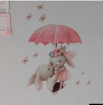 Nálepky na stenu Zajac a dáždnik pink