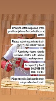 Hľadáme skúseného murára 10€/hod v čistom