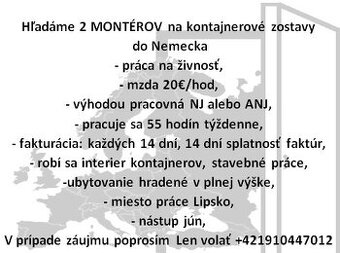 Hľadáme dvoch Montérov na kontajnerové zostavy do Nemecka