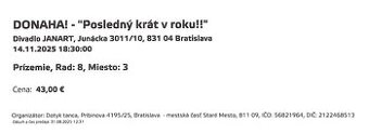 Predam 2x listky na muzikal DONAHA za polovicu (Bratislava)