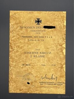 Dekrét k železnému krížu 1 triedy 1939