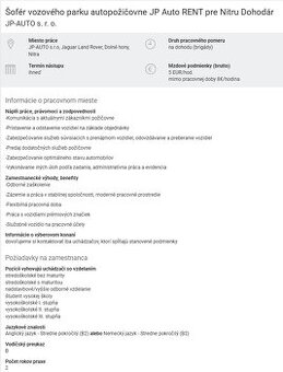 Šofér vozového parku autopožičovne JP AUTO RENT pre NR, BA