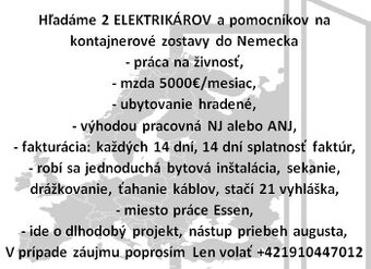 Hľadáme ELEKTRIKÁRA a pomocníka do Nemecka