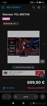 Predám 4K QLED Tv 65palcov 144,Hz TCL rok záruka