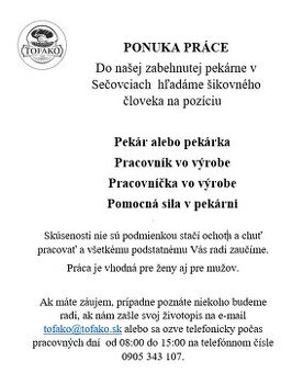 Pomocná sila do pekárne / Pekár / Pekárka - Sečovce