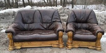 Kožená sedacia súprava 2+1 s masivnym drevem