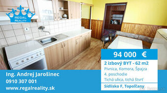 Výhradne: 2 izbový BYT, 62 m2, Pivnica, sídl. F, Topoľčany