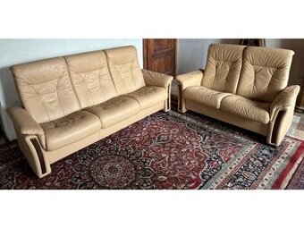 Luxusní kožená sedací souprava 3+2 se dřevem, 2957