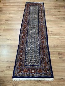 Nádherný ručne viazaný modrý Moud koberec, top stav, 300x79