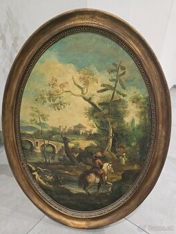 Štýlová olejomaľba v oválnom ráme – Baroková krajina s jazdc