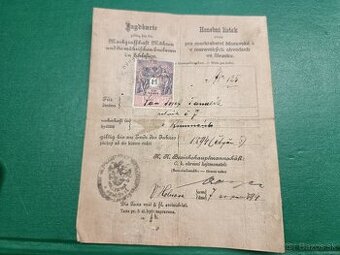 Poľovnícky lístok, Honební lístek, 1894 Rakúsko Uhorsko