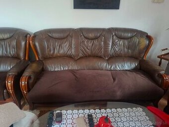 Kožená sedacia súprava 3+2+1 – masívne drevené prvky