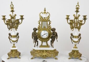 Starožitné krbové hodiny FHS s kentaury+svícny XXL