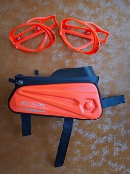 Neónovo oranžová kapsička na bicykel + 2x držiak na fľaše