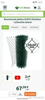 Štvorhranné pletivo ZnPVC 53x53mm 1,25mx25m zelená - 1