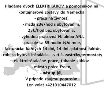 Hľadáme 2 ELEKTRIKÁROV na kontajnerové zostavy do Nemecka