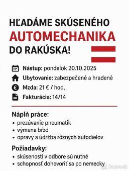 🧰 Hľadáme skúseného AUTOMECHANIKA do Rakúska 🇦🇹
