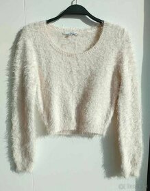Dámsky chlpatý ružový sveter/tričko/crop top, dlhý rukáv
