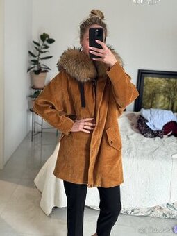 Dámska Manchestrová parka/bunda s pravou kožušinou velkosť S