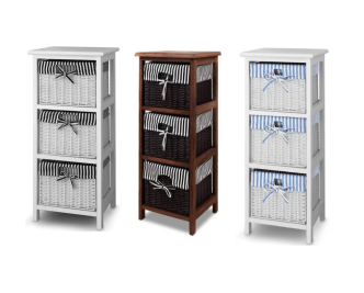 Drevený regál s košíkmi bielo modrý, hnedá a biela