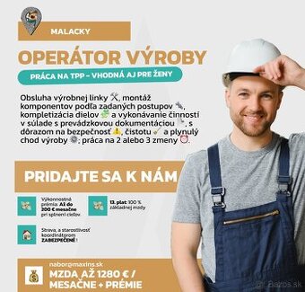 Operátor výroby – Malacky | Až 1 300 € + bonusy (p556)