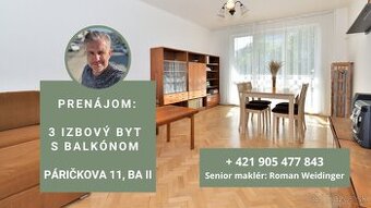PRENÁJOM: 3-izbový byt, Páričkova 11, Mlynské Nivy, Bratisla