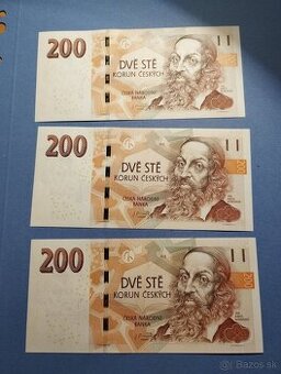 Predám 3ks bankoviek 200kč 2018 postupka 3