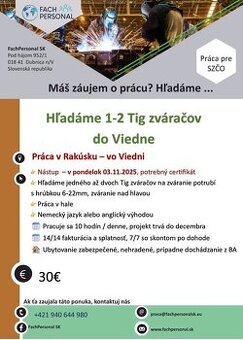 Zvárač Tig do Viedne od pondelka 3.11.2025