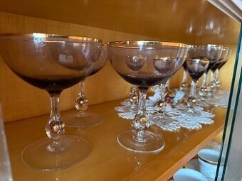 RETRO sklenené poháre – modro dymové so zlatým detailom