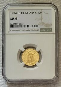Zlatá uhorská 10 koruna FJI, 1914 kb, vzácny ročník, MS61