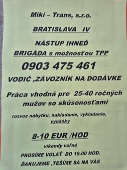Vodič závozník Brigáda TPP dodávka Bratislava IV