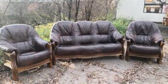 Kožená sedacia súprava 3+1+1 s masivnym drevom