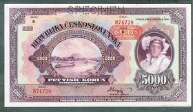 Staré bankovky 5000 korun 1920 PŘETISK bezvadný stav UNC