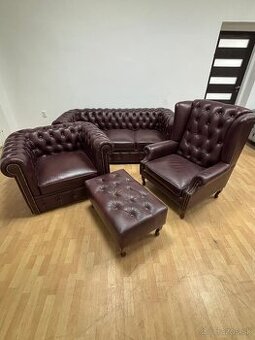 CHESTERFIELD ŠTÝL,KOŽENÁ SEDAČKA,3+1+UŠÁK+TABURET,NOVÁ
