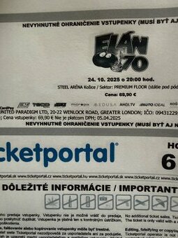 Lístok na Elán na 24.10.2025 v Košiciach pod pódiom