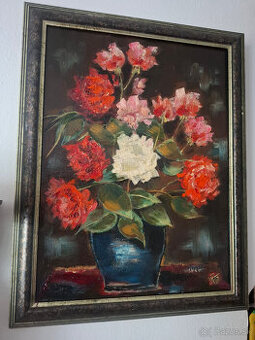 Predám starý obraz olejomalbu na plátne Kytica monogramista