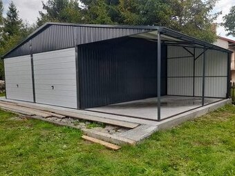 Montovaná plechová garáž 6×6 m + prístrešok 3×6 m s výklopný