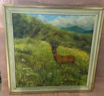 Maľovaný obraz, srnec na lúke