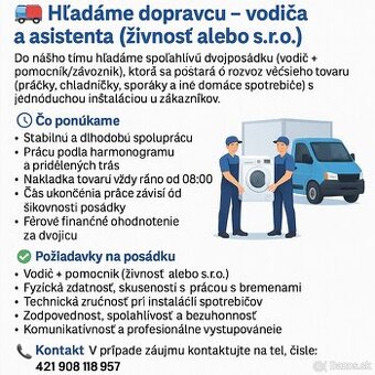 🚛 Hľadáme vodiča a asistenta (živnost alebo s.r.o.)