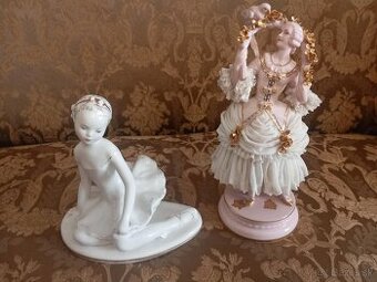 Porcelánové sošky – dáma v čipke (19 cm) a baletka (12 cm)