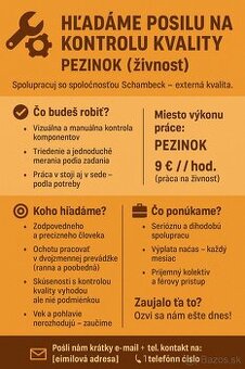 HĽADÁME POSILU NA KONTROLU KVALITY – PEZINOK (živnosť)